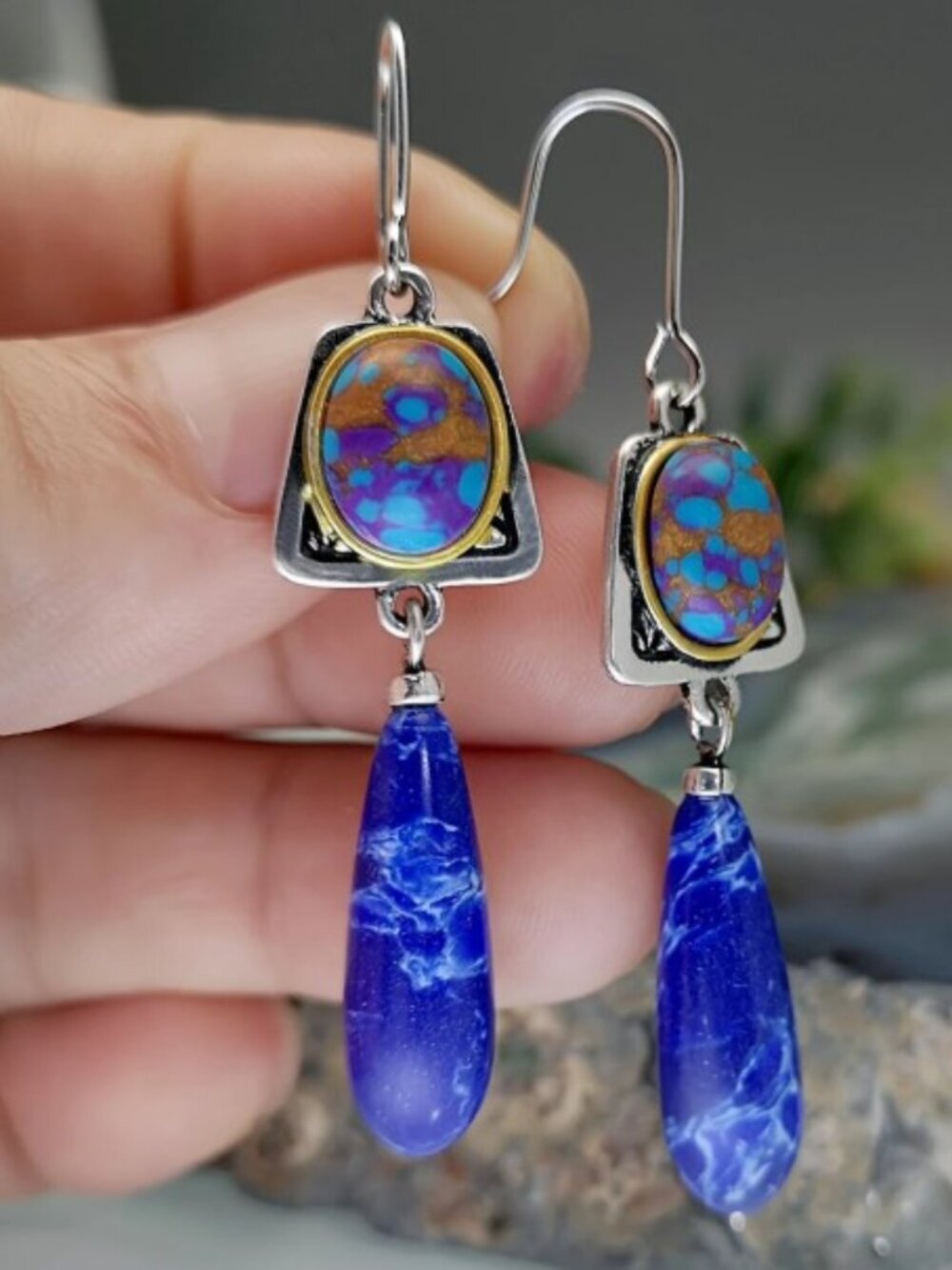 Blue Teardrop Dangle Earrings Colorful Bohemian w/ Hook Earrings